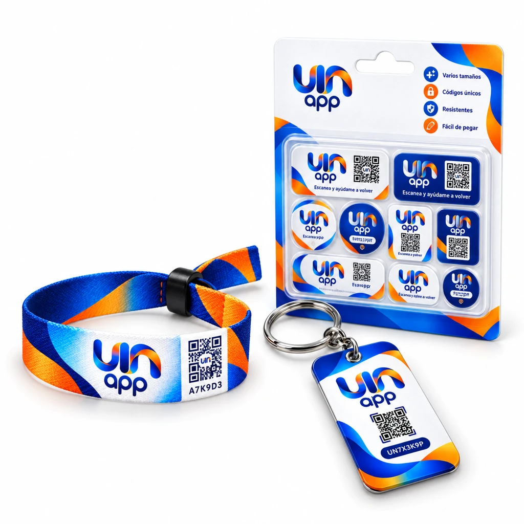1 pulsera, 1 llavero y 1 blíster de pegatinas UINapp