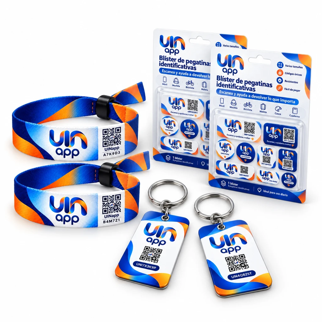 2 pulseras, 2 llaveros y 2 blísters de pegatinas UINapp